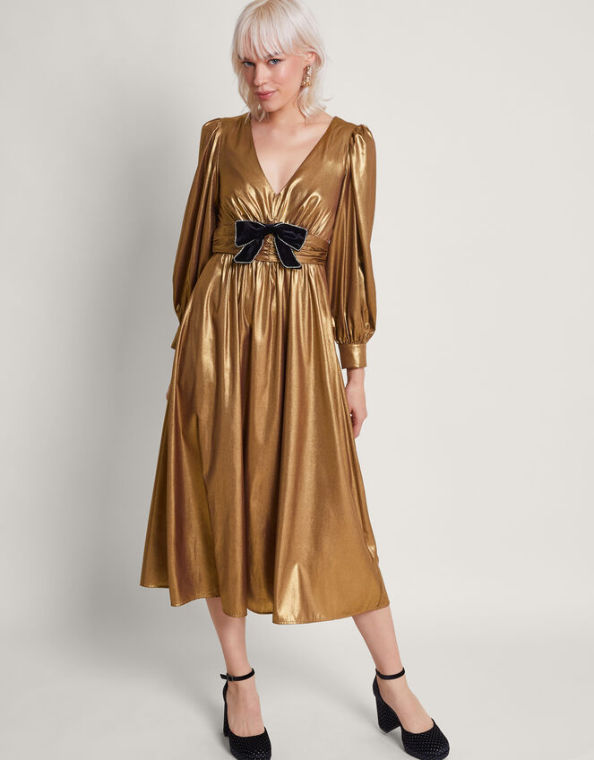 Gracie Bow Midi Dress, Gold (GOLD), large