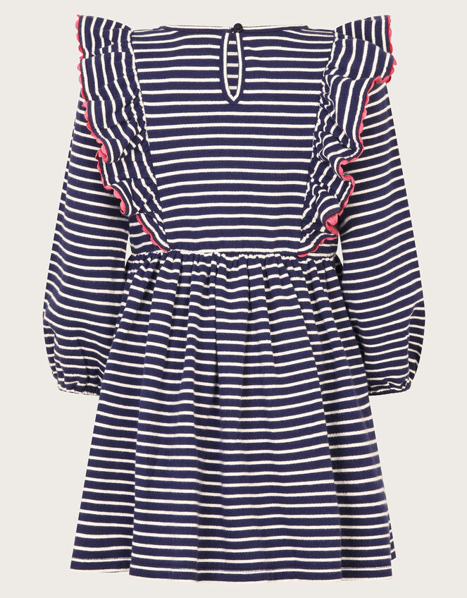 Floral Embroidered Stripe Ruffle Dress, Blue (NAVY), large