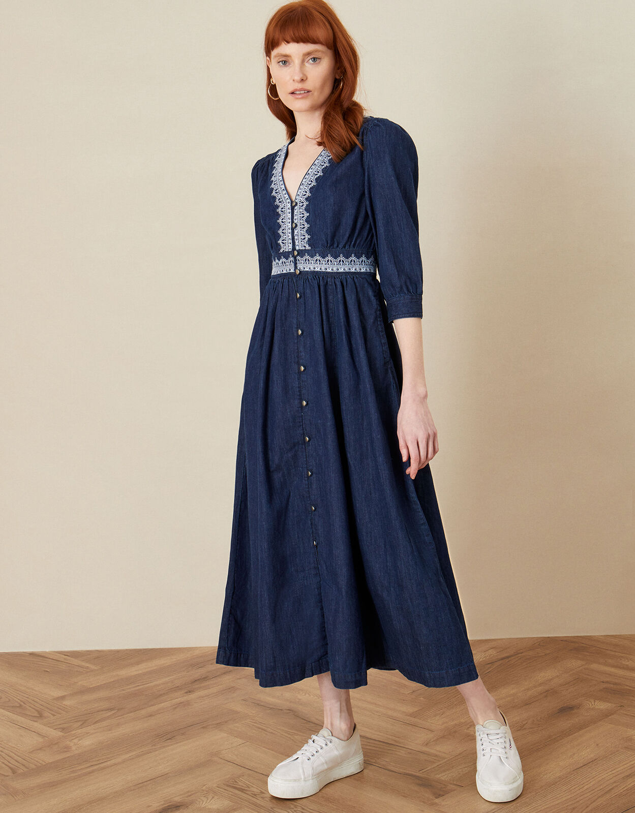Embroidered denim dress online