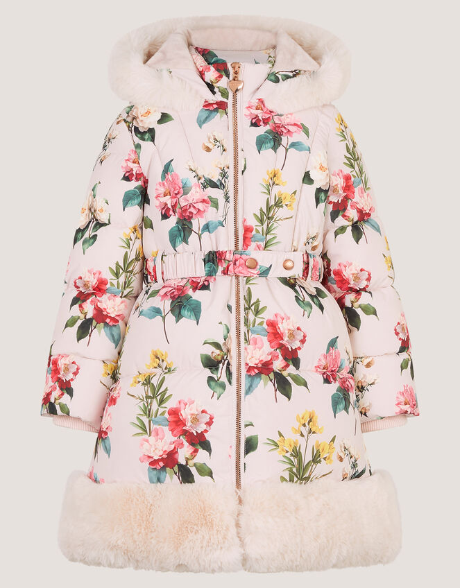 Botanical Print Faux Fur Hood Coat, Cream (CREAM), large