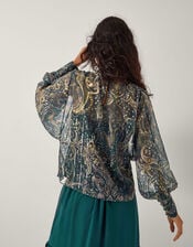 Marianna Sheer Paisley Pussybow Blouse, Green (GREEN), large