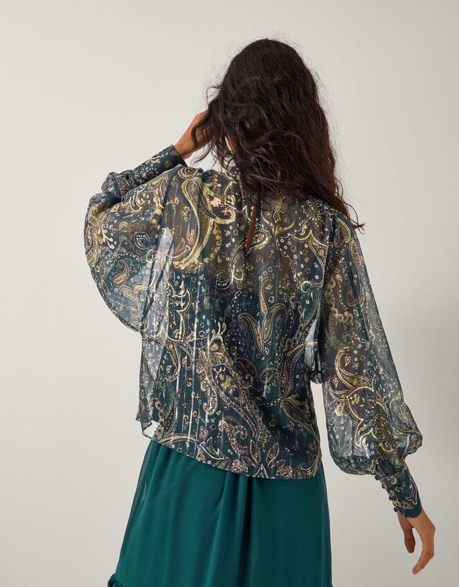 Marianna Sheer Paisley Pussybow Blouse, Green (GREEN), large