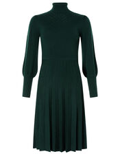 Pointelle Yoke Knit Dress with Recycled Fabric, Green (DARK GREEN), large