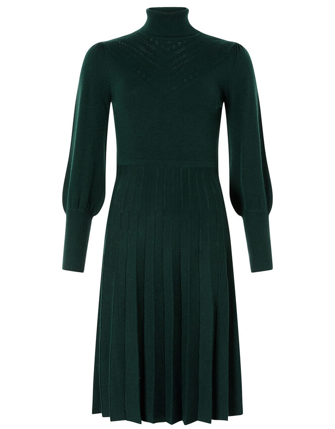 Pointelle Yoke Knit Dress with Recycled Fabric, Green (DARK GREEN), large