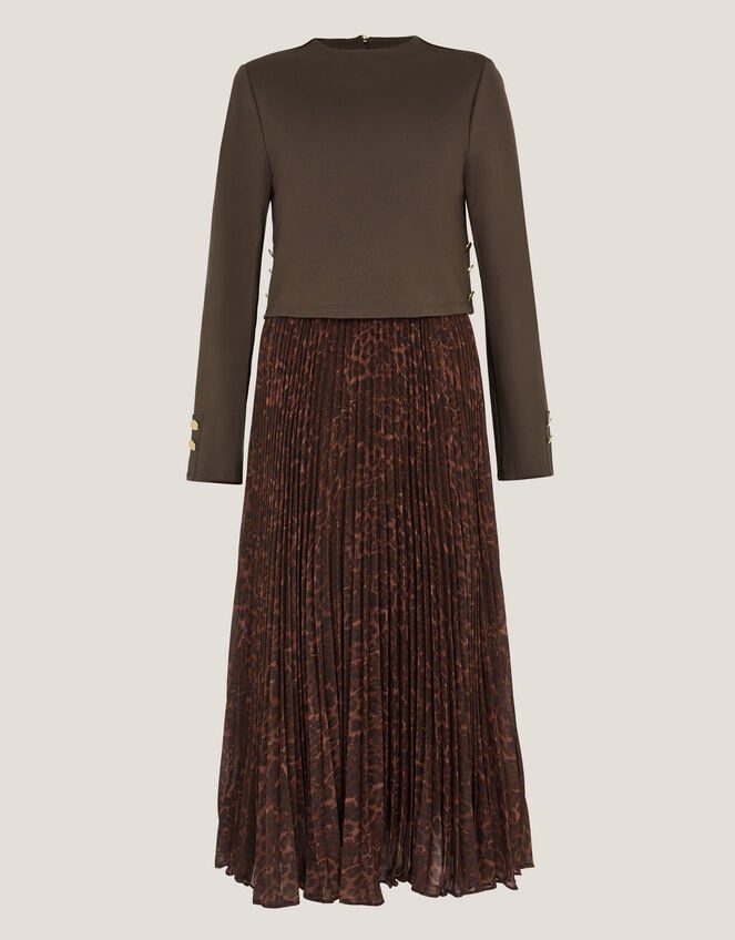 Archi Leopard Print Pleated Midi Dress, Brown (CHOCOLATE), large