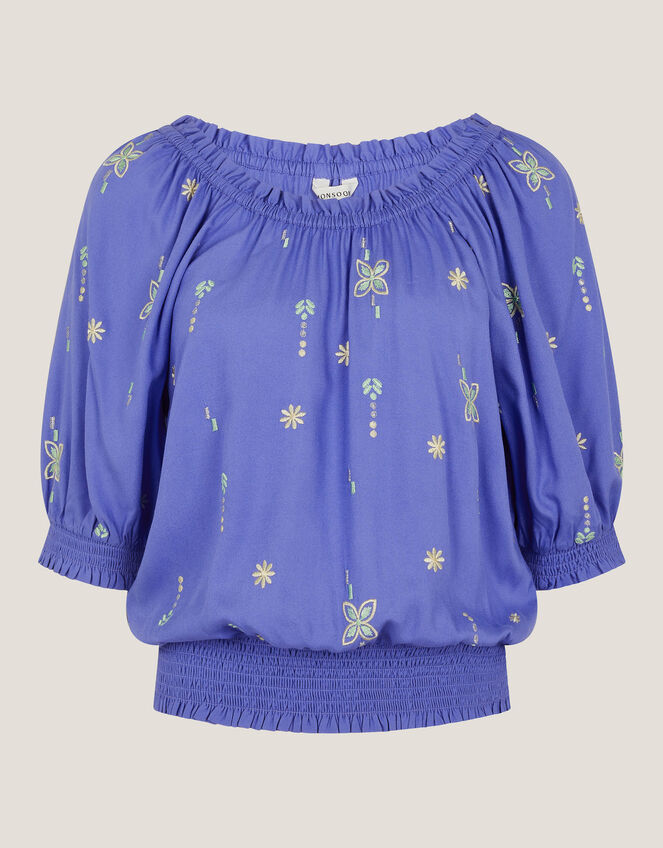 Emily Embroidered Puff-Sleeve Top, Blue (BLUE), large