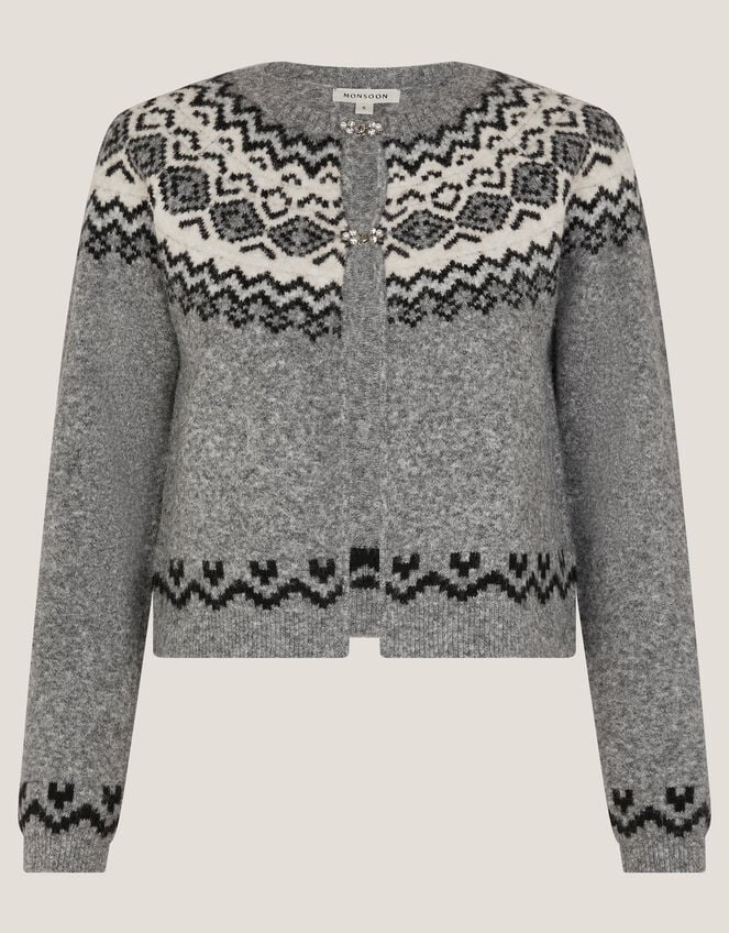 Fina Fair Isle Cardigan, Grey (GREY), large