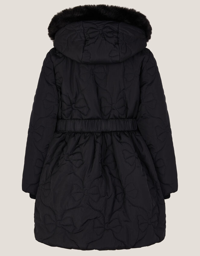 Faux Fur Hooded Bow Quilted Coat, Black (BLACK), large