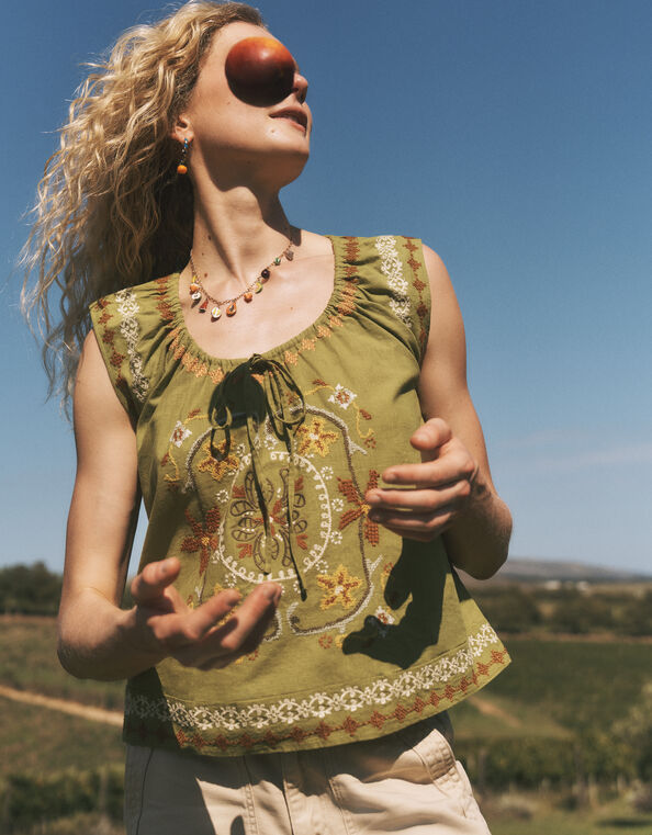 Greta Floral Embroidered Top, Green (GREEN), large