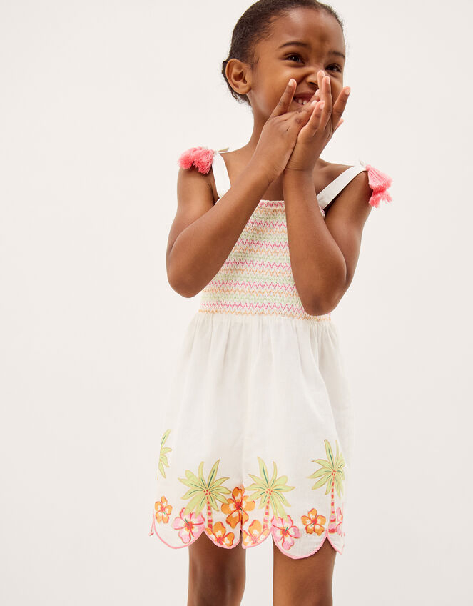 Palm Print Smocked Playsuit, Ivory (IVORY), large