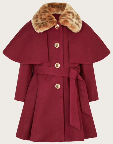 Belted Cape Style Smart Coat, Red (BURGUNDY), large