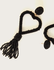 Beaded Heart Tassel Earrings, Black (BLACK), large