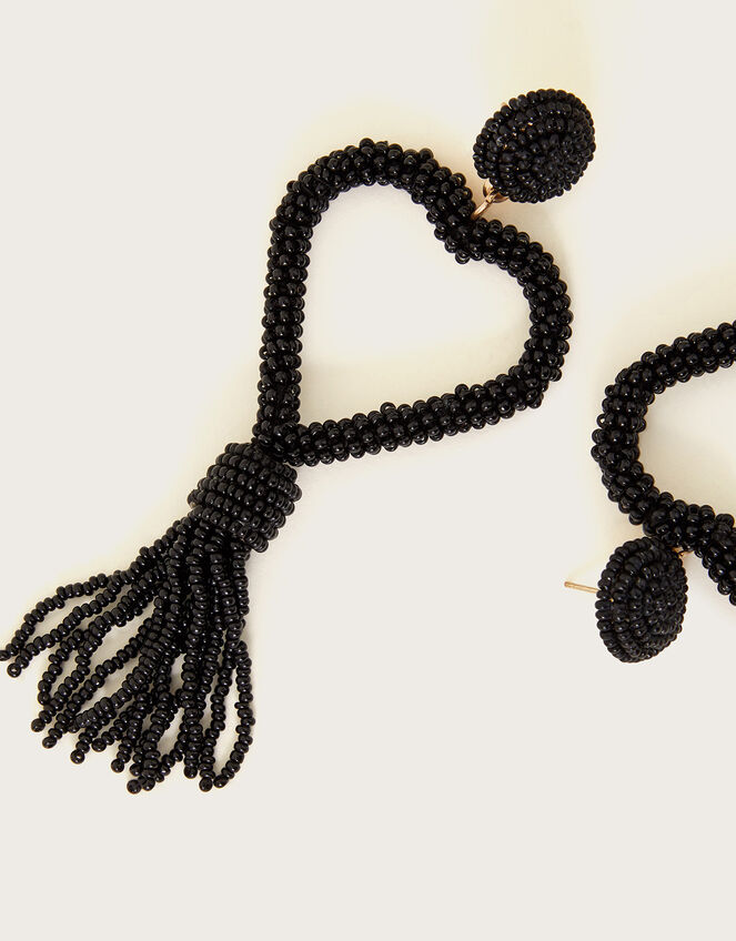 Beaded Heart Tassel Earrings, Black (BLACK), large
