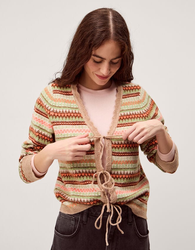 Fran Front Tie Fair Isle Cardigan, Natural (NATURAL), large
