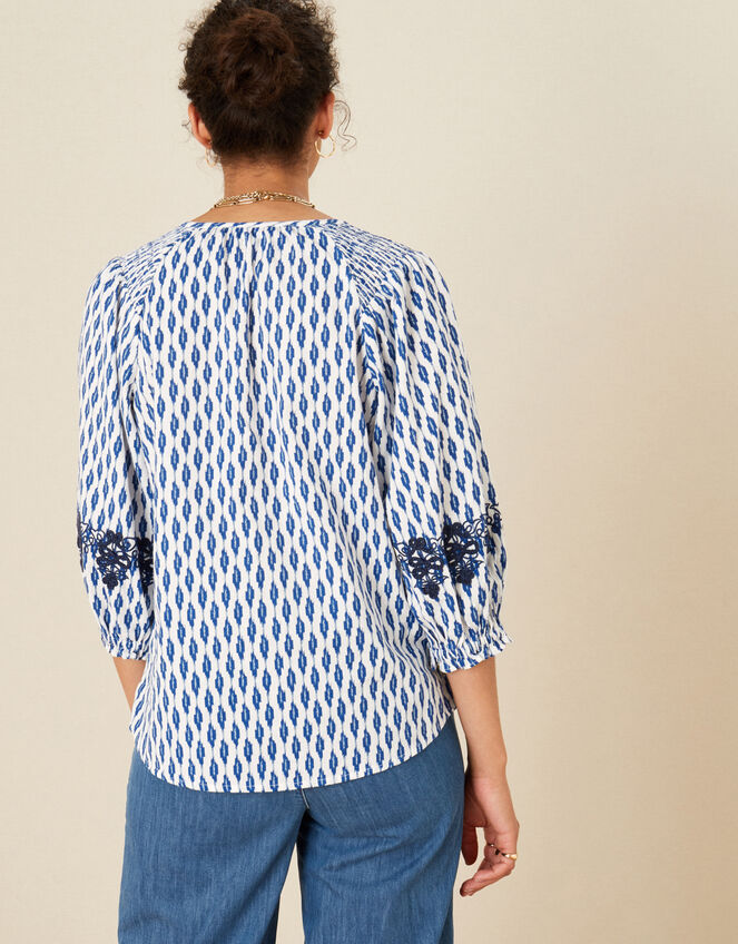 Ikat Embroidered Top in Organic Cotton, Ivory (IVORY), large