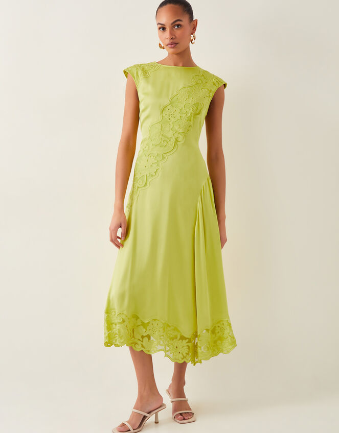 Ingrid Embroidered Satin Midi Dress, Green (CHARTREUSE), large