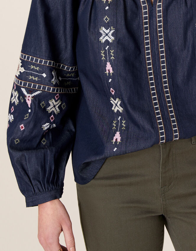 Boho Embroidered Blouse in Pure Cotton, Blue (DENIM BLUE), large