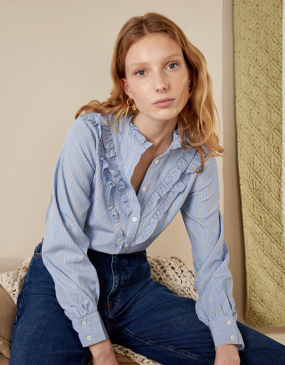 Women Women's Clothing | Stripe Frill Print Shirt in Recycled Polyester Blue - ZU41542