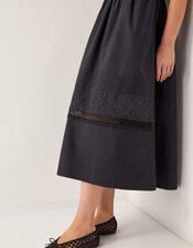Odilia Broderie Puff-Sleeve Midi Dress, Black (BLACK), large