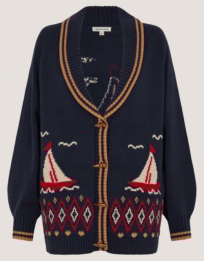 Sapna Intarsia Sailor Cardigan, Blue (NAVY), large