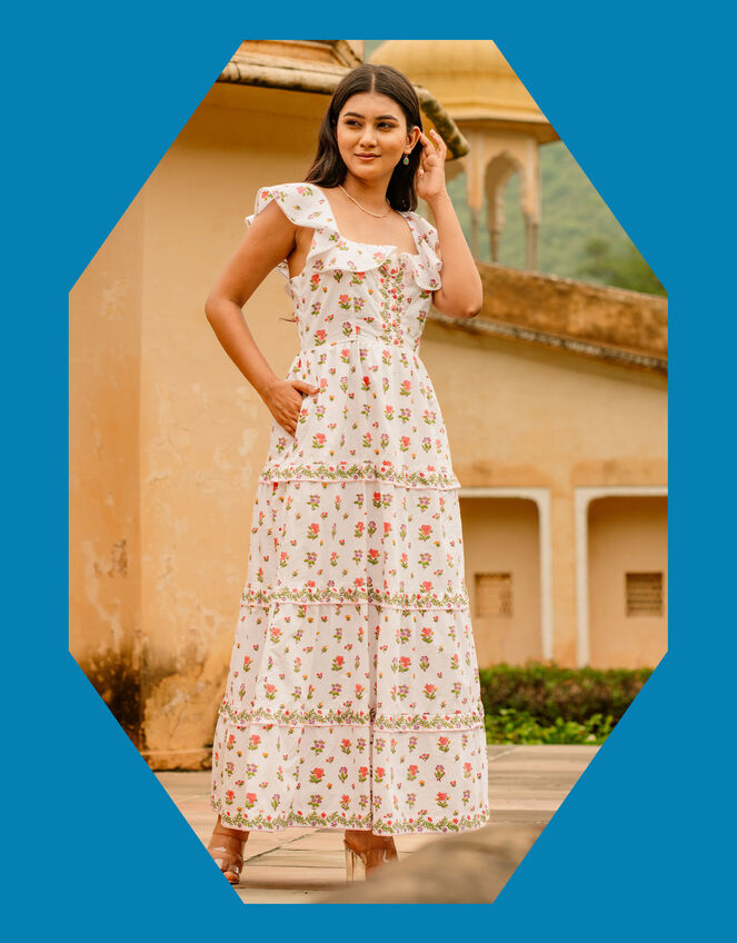 India & Mills Pandora Floral Tiered Maxi Dress, White (WHITE), large