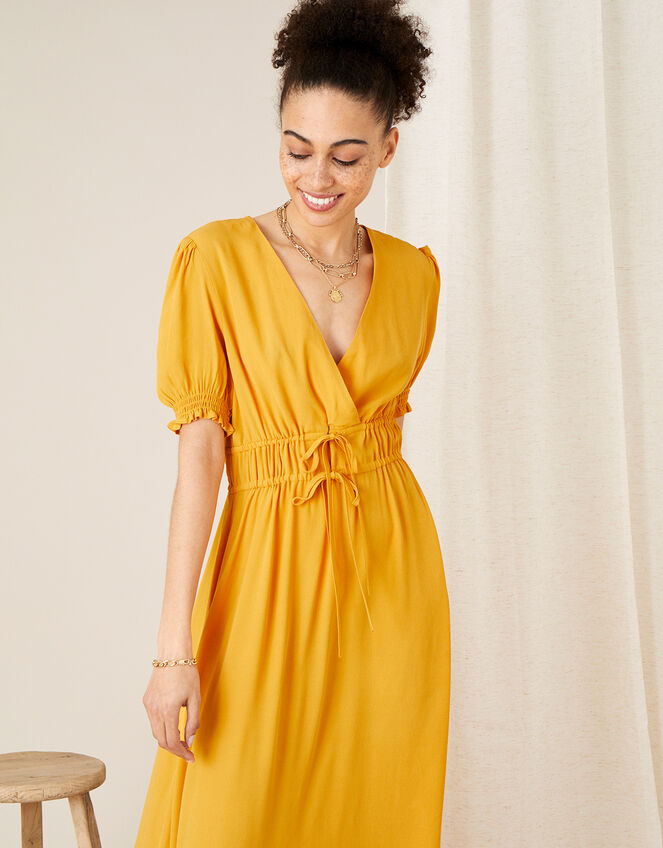 Ruched Midi Dress, Yellow (OCHRE), large