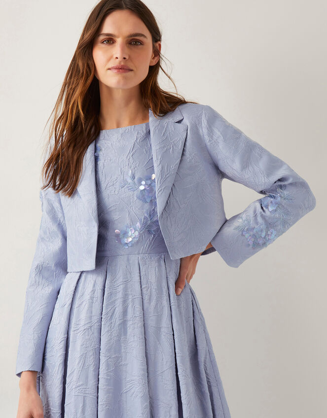Faye Hand-Beaded Jacquard Cropped Bridal Jacket, Blue (PALE BLUE), large