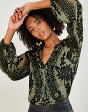 Diana Paisley Embellished Devore Blouse, Green (KHAKI), large