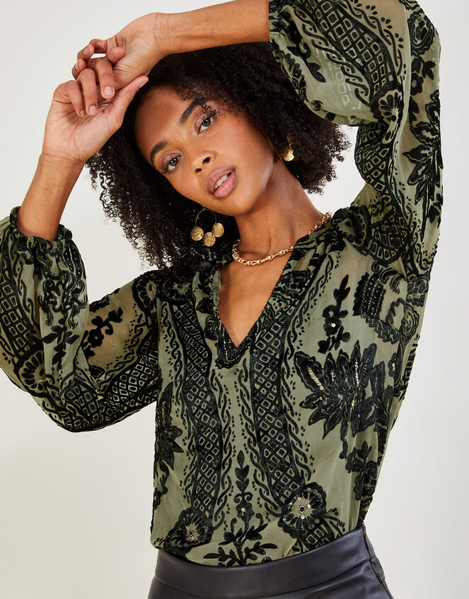 Diana Paisley Embellished Devore Blouse, Green (KHAKI), large