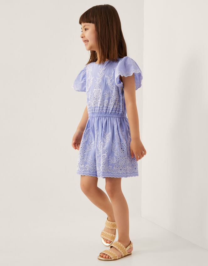 Floral Broderie Short Sleeve Playsuit, Blue (BLUE), large
