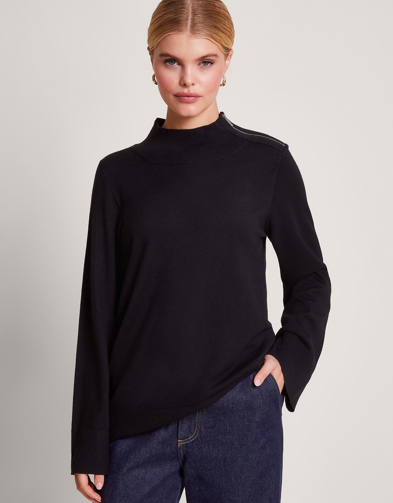 Zola Zip Neck Jumper Black Knitwear Monsoon UK