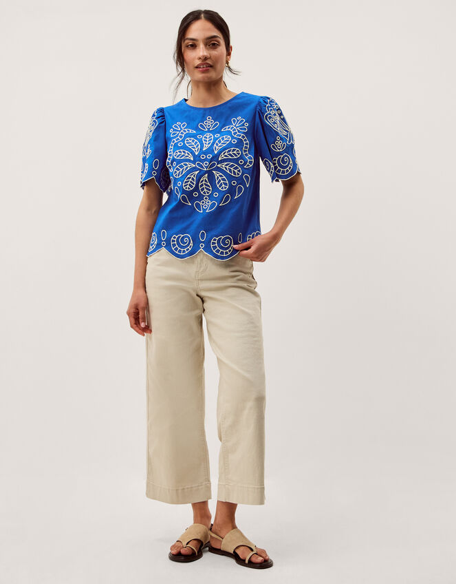 Keira Short Sleeve Embroidered Top, Blue (COBALT), large