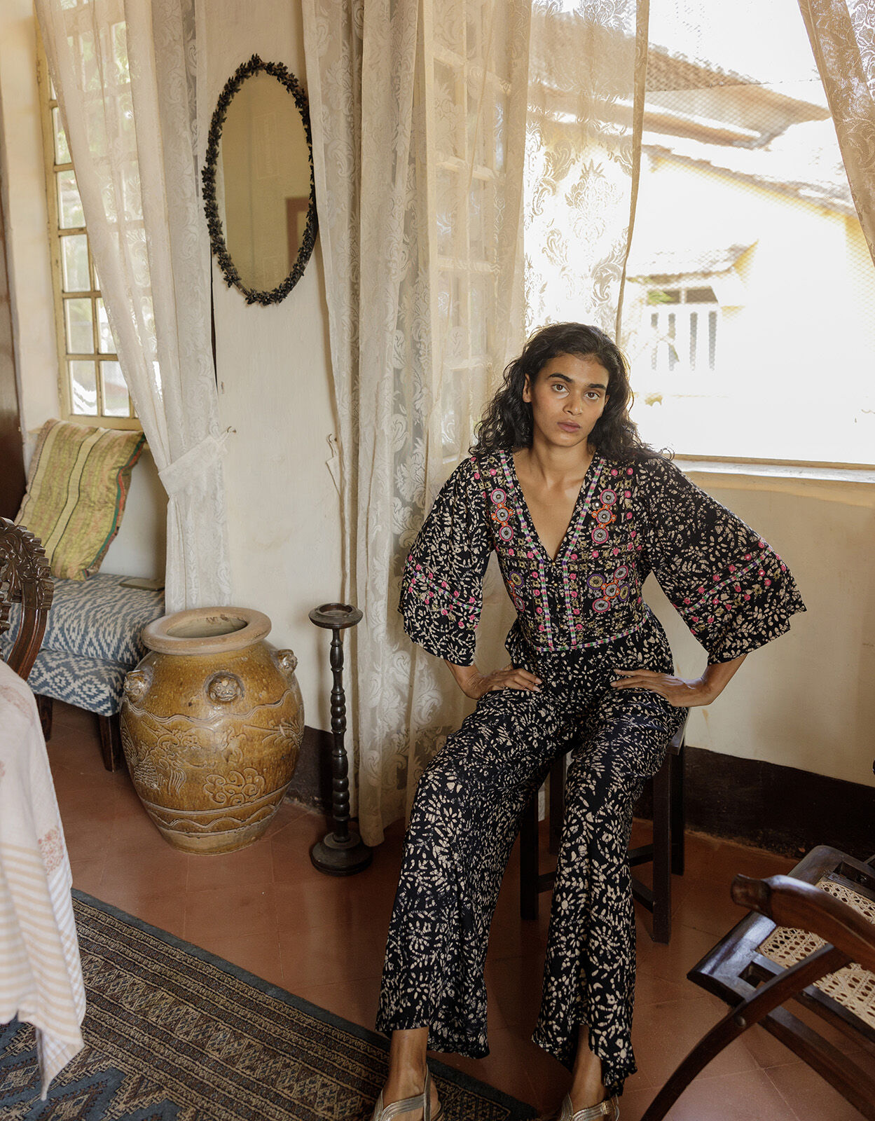 Batik Embroidered Jumpsuit in LENZING™ ECOVERO™ Black