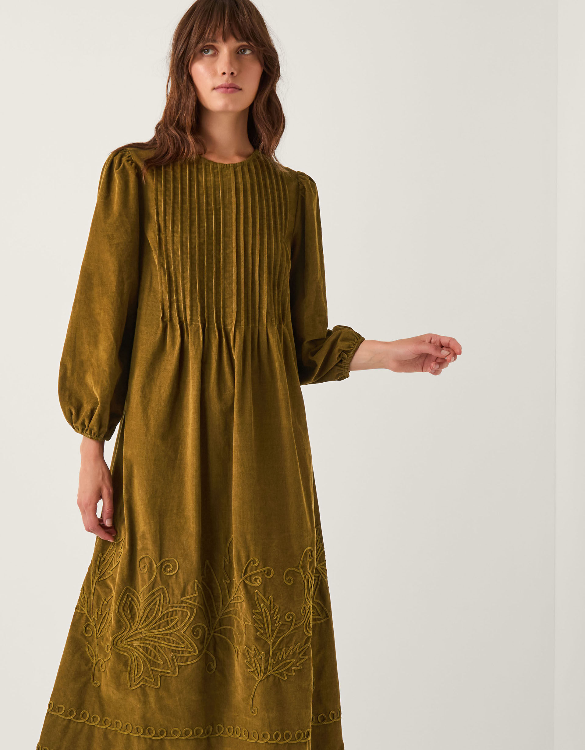 Joyce Pintuck Embroidered Corduroy Midi Dress Green