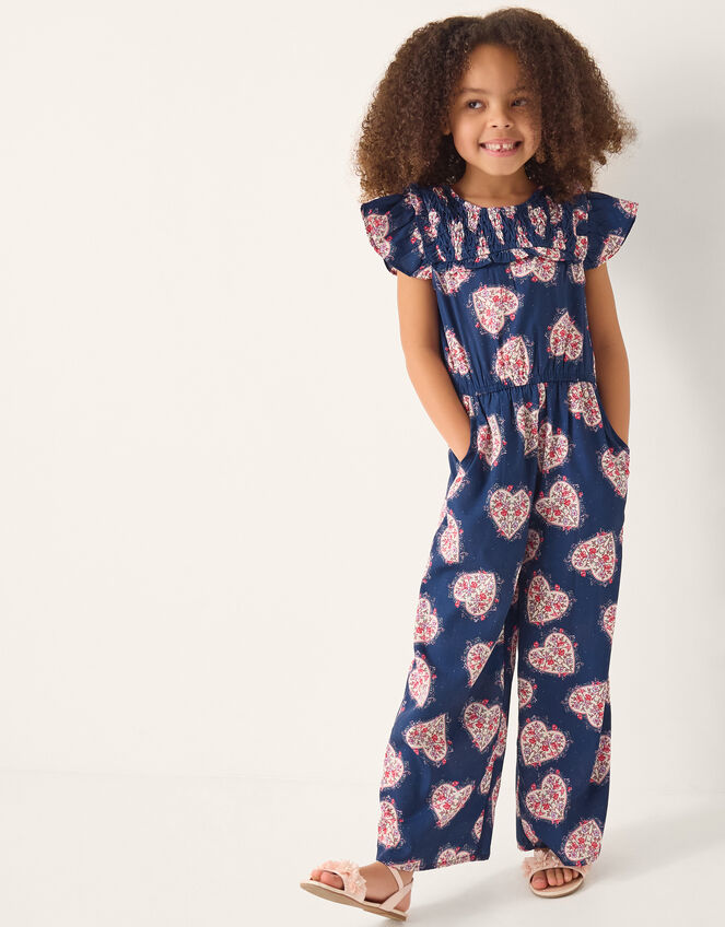 Heart Print Smock Jumpsuit, Blue (NAVY), large