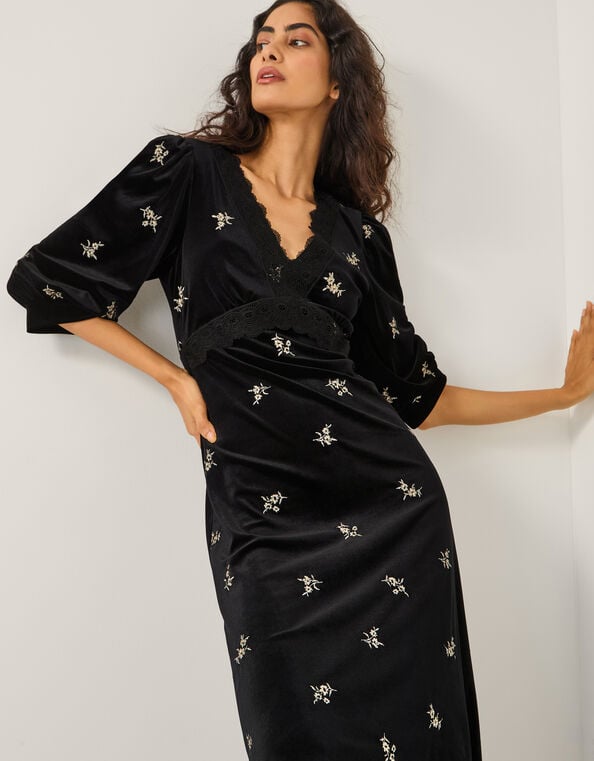 Erin Floral Lace Velvet Midi Dress, Black (BLACK), large