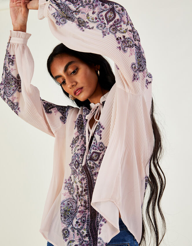 Yasmin Pleated Print Shirt with Recycled Polyester, Pink (BLUSH), large