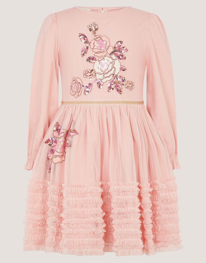 Sequin Floral Ruffle Disco Dress, Pink (PINK), large