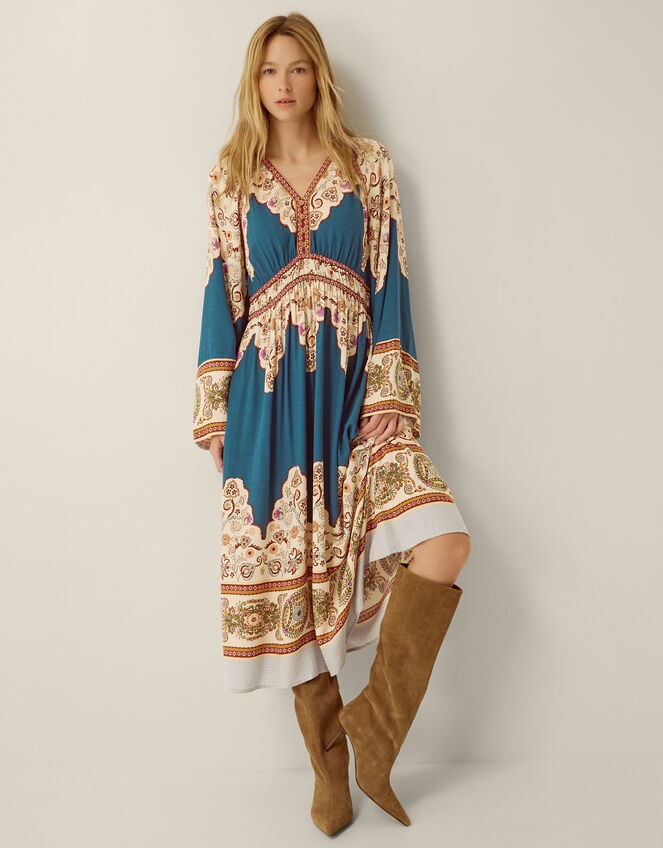 Alexandra Floral Print Boho Midi Dress, Teal (TEAL), large