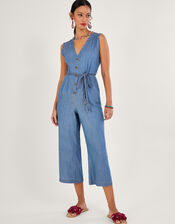 Tie Belt Denim Jumpsuit, Blue (DENIM BLUE), large