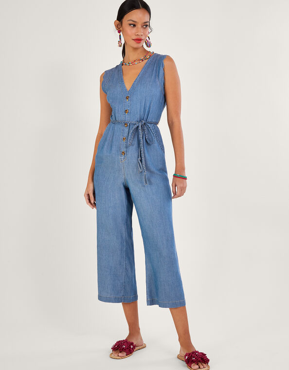 Tie Belt Denim Jumpsuit, Blue (DENIM BLUE), large