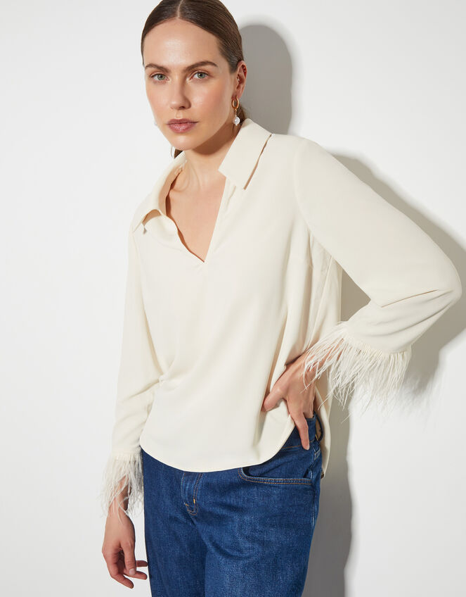 Greta Feather Sleeve Blouse, Ivory (IVORY), large