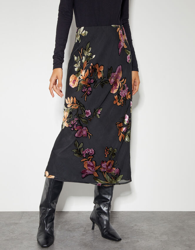 Ariella Floral Devore Midi Skirt, Black (BLACK), large