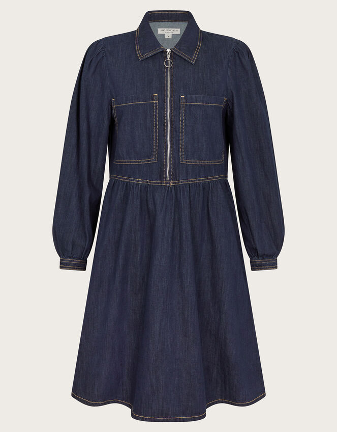 Adeena Denim Mini Shirt Dress, Blue (INDIGO), large