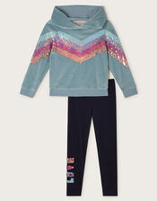 Sequin Velour Hoodie and Leggings Set, Green (GREEN), large