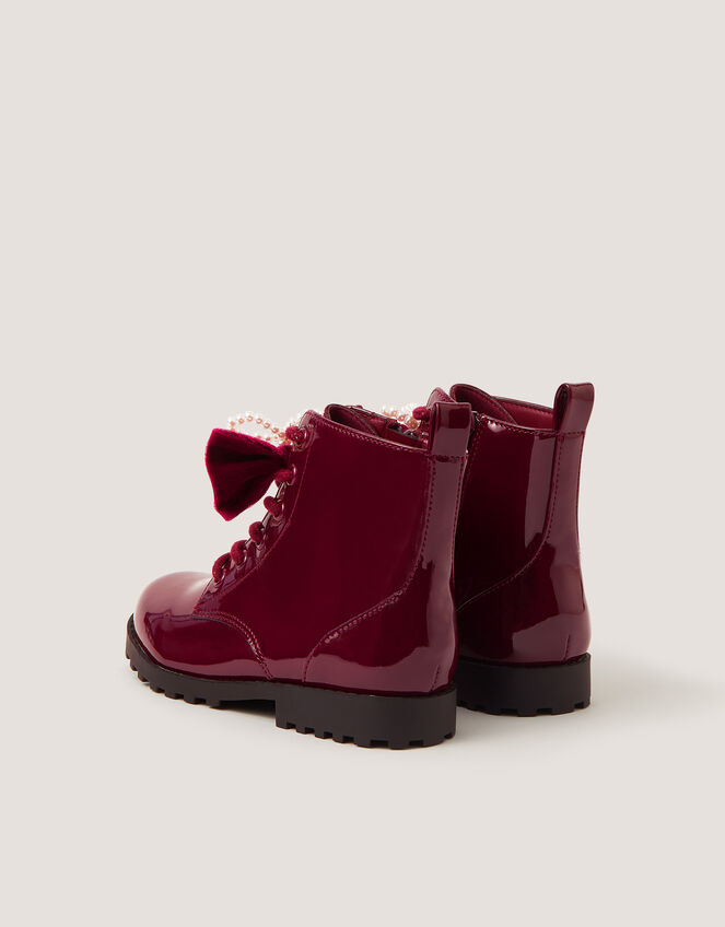Bow Patent Lace-Up Boots, Red (BURGUNDY), large