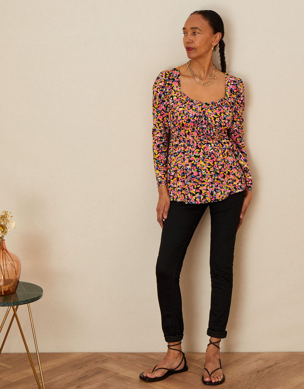 Floral Print Long Sleeve Jersey Top Multi