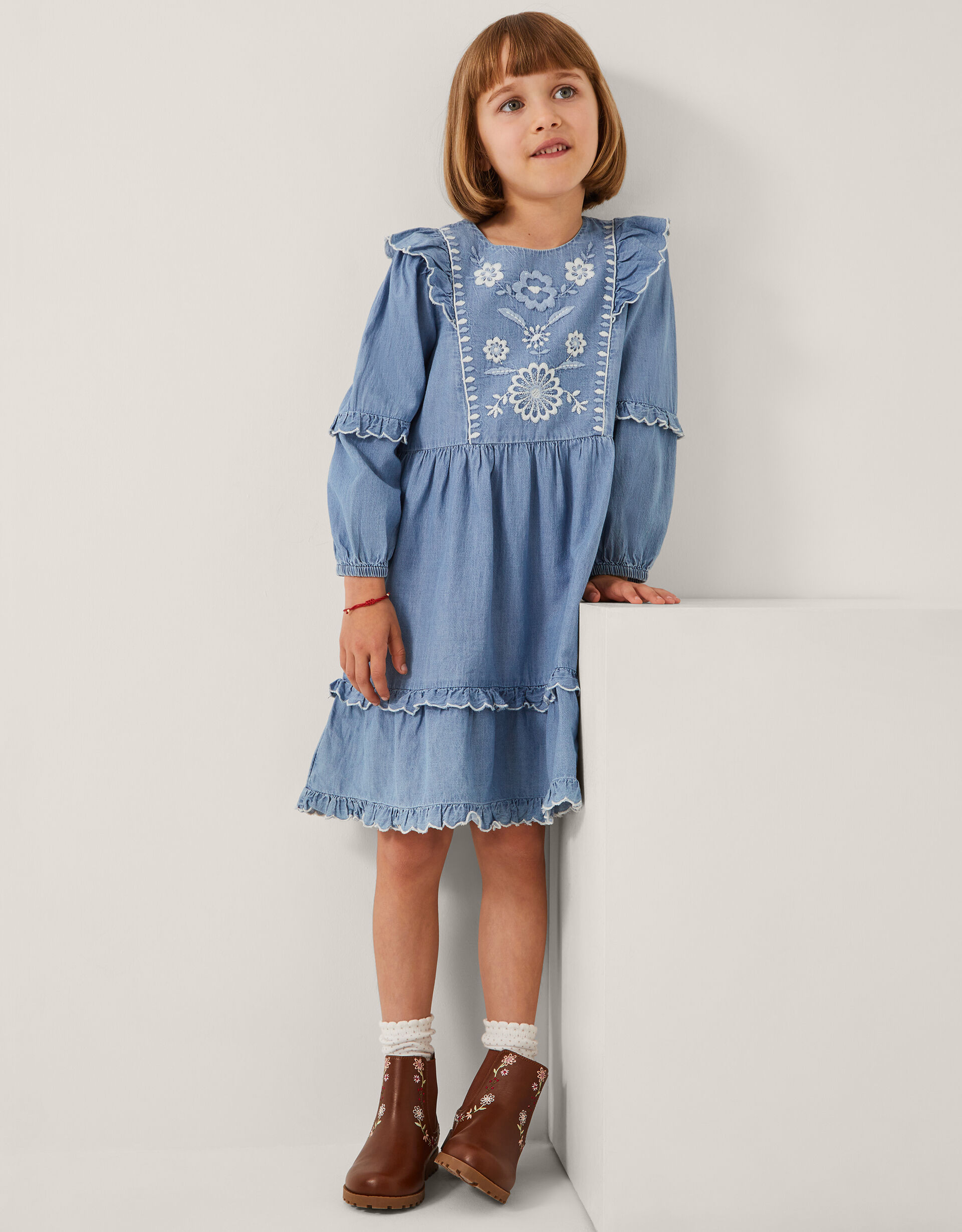 Embroidered Chambray Frill Dress Blue