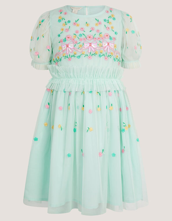 Puff Sleeve Floral Mesh Dress, Blue (BLUE), large