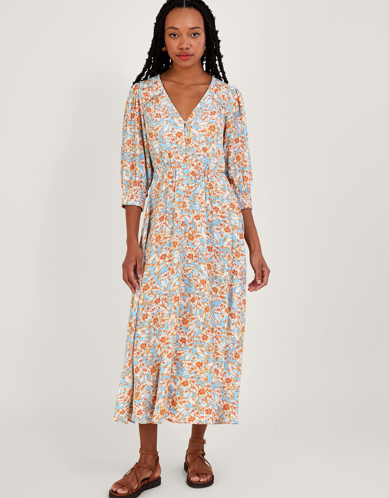 Keava Floral Print Tea Dress in Sustainable Viscose Blue